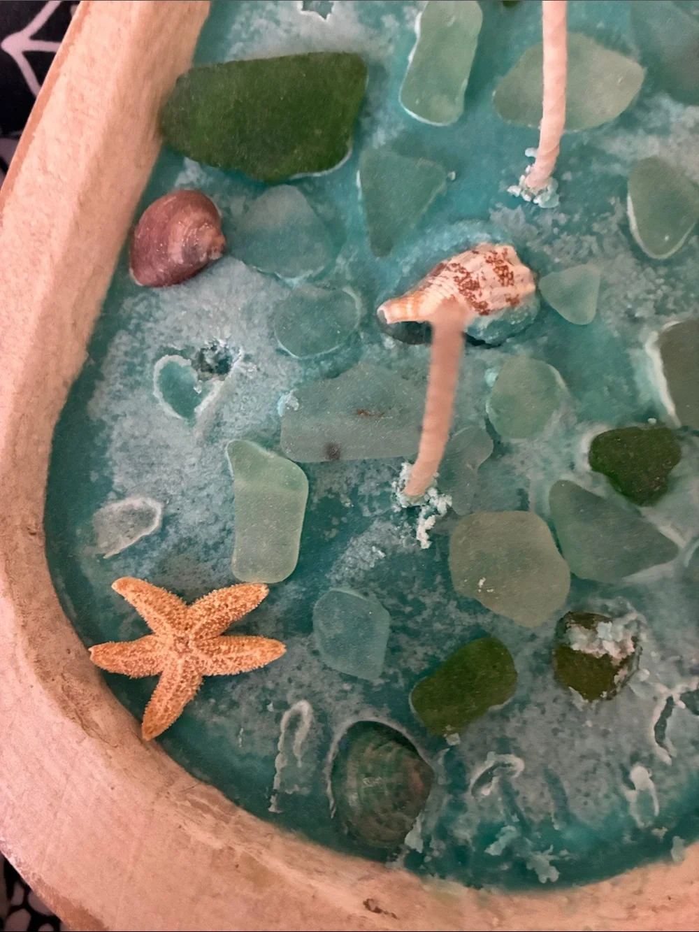 Coastal Blue dough bowl candle with Sea Glass, Starfish, & Shells